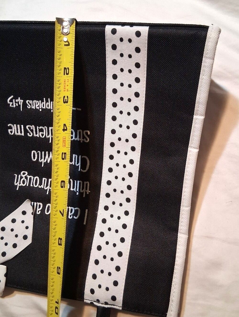 Market Black & White Polka Dot Bow Tote Bag Philippians 4:13 Scripture Verse - Picture 7 of 11